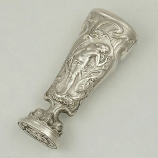 Art Nouveau French.  800 Silver Wax Seal,  Nude & Dolphins,  Firmin Pierre Lasserre 2