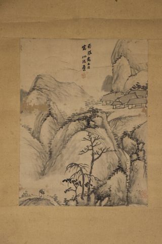 Japanese Hanging Scroll Art Painting Sansui Landscape Asian Antique E7641