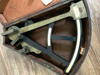 Antique Ebony & Brass Sextant In Wooden Box - Nautical Device 1850s