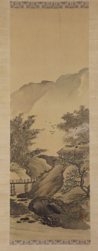 Japanese Hanging Scroll Art Painting Sansui Landscape Asian Antique E7250