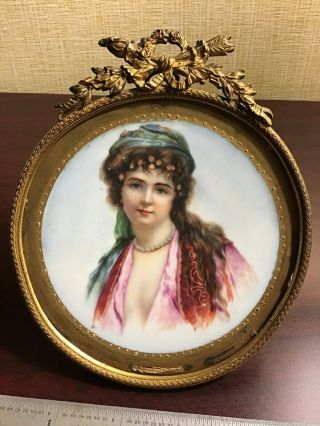 Miniature Portrait Painting On Porcelain Lady,  Gold Rimmed
