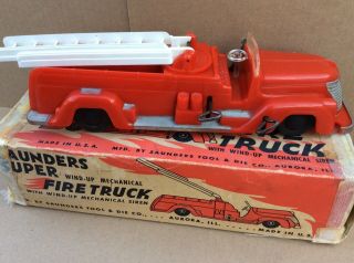 Vtg Saunders Windup Fire Truck Toy With Box Antique Fire Toy Truck.