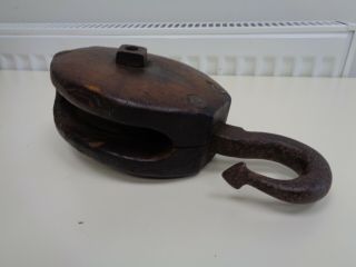 Antique Wood/cast Iron Pulley & Hook Block & Tackle Maritime/shipping/farming?