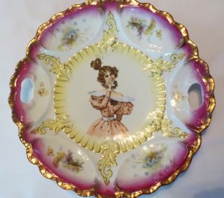 Antique Lady Plate Portrait Victorian Miss Pink Floral Gilt Royal Saxe Germany