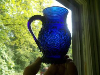 Pontiled Hand Blown Cobalt Blue Glass 4 " Pitcher Applied Handle Emb Flowers