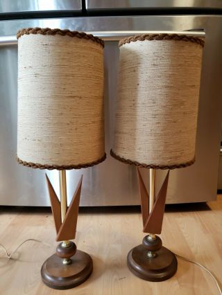 Matching Pair Vintage 50s Danish Teak Wood Brass Table Lamp Mid Century Modern