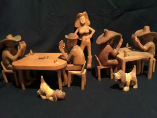 17 Piece Rustic Western Vintage Hand Carved Wood Cowboys Playing Poker
