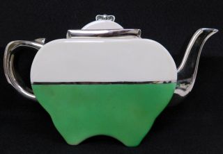 1930s Fraunfelter China Art Deco Teapot Tea Pot Green Silver Vintage Antique