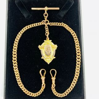 Quality Antique 9ct Rose Gold Double Albert Watch Chain T Bar & Fob 1918 573