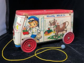 Vintage The Gong Bell Mfg Co Healthy Milk Co 123 Truck Pull Toy