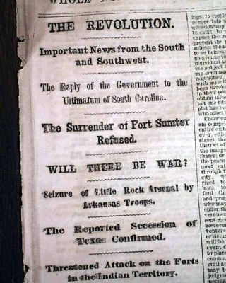 Pre Civil War Fort Sumter Crisis & Abraham Lincoln Takeover Close 1861 Newspaper