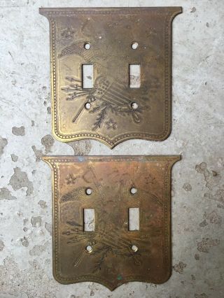 Antique Brass Double Light Switch Cover Plate American Eagle Shield Patriotic