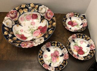 Vintage German Porcelain Roses Framed In Cobalt Blue Berry 4 Piece Bowl Ser