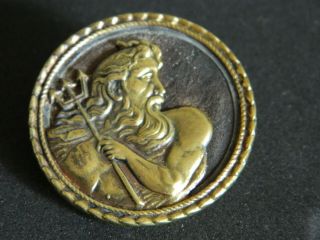 Antique Vtg Neptune W His Trident Lg Brass Picture Button Back Marked