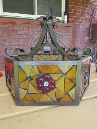 Gothic Wrought Iron / Fancy Stained Glass Chain Lamp Mcm Vintage