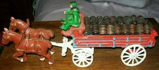 Vintage Cast Iron Budweiser / Clydesdale Beer Wagon 2 Men 2 Horses 29 Barrels