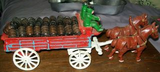 Vintage Cast Iron Budweiser / Clydesdale Beer Wagon 2 Men 2 Horses 29 Barrels 3