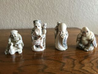 Set Of 4 Japanese Ivory Or Bone Buddha Netsuke Figurines.