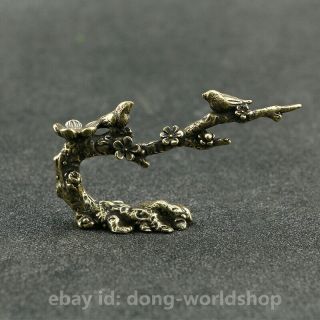 Chinese Small Bronze Exquisite Animal Pied Magpie Plum Blossom Tree Statue 喜上眉梢