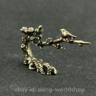 Chinese Small Bronze Exquisite Animal Pied Magpie Plum Blossom Tree Statue 喜上眉梢 2
