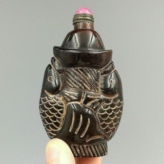 China Ancient Handmade Natural Ox Horn Snuff Bottle Carved Goldfish Collectable