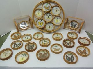 Vintage Bamboo Butterfly Glass Serving Tray With Coasters & Holders - Complete