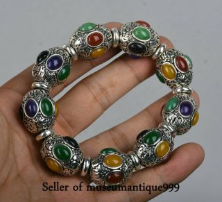 11cm Rare Old Chinese Silver Inlay Jewel Dynasty Palace Hand Chain Bracelet