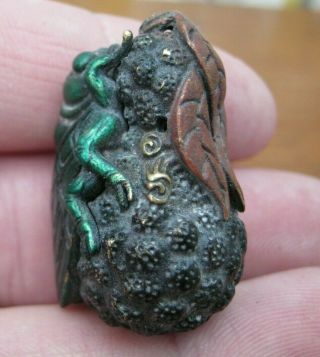 Cold Painted Miniature Bronze Of A Grasshopper / Cicada On A Gourd