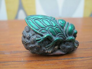 Cold Painted Miniature Bronze Of A Grasshopper / Cicada On A Gourd 3