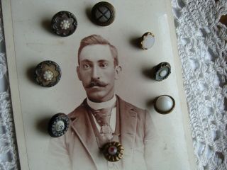 8 Antique/victorian Waistcoat Buttons Milk Glass & Clambroth / Enamel Flower,