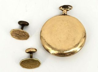 Antique Illinois Rose Gold Plated Pocket Watch With Cufflinks And Stand