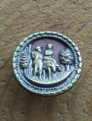 Antique Man With Woman On Donkey Metal 11/16 " Picture Button.
