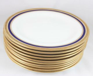 SET (S) 2 DINNER PLATES ANTIQUE CAULDON CHINA L4145 COBALT RAISED GOLD ENCRUSTED 4