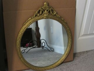 Antique Large Round Wall Mirror w/Carved Wood & Gold Gesso Crest & Frame 2