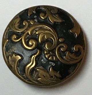 Unique Rare Vintage Metal Antique Button Floral Black Gold Tone 265