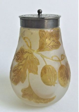 Antique French 4 " Amber Cameo Acid Cut Berry Leaf Nouveau Art Glass Salt Shaker