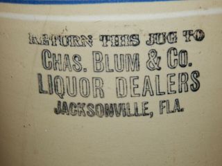 Antique Stoneware Liquor Jug.  " Chas.  Blum & Co Liquor Dealers " Jacksonville,  Fla.