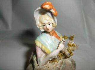 Antique Victorian Porcelain Half Doll Germany 2 " W/skirt Fan/flowers 5 1/2 " W/ski
