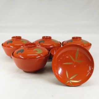G564 Japanese Lacquer Ware 5 Covered Bowls With Makie Of Cute Sparrow And Bamboo