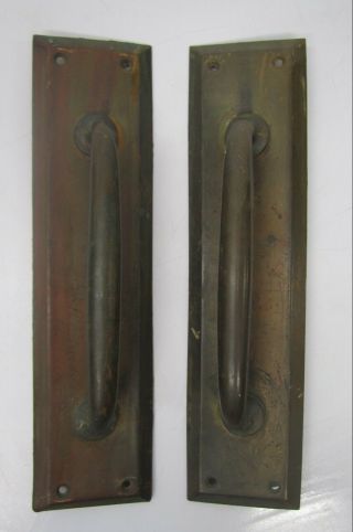 Pair 2 Vtg Commercial Industrial Matching Solid Brass Door Pull Handle Plates J3