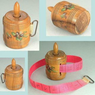 Antique Figural Wooden Barrel Tape Measure W/ Violets French Circa 1900