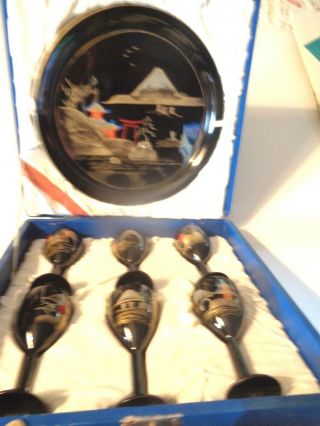 Vintage Japanese Black Lacquer Dessert Dish Plate & 6 Goblets