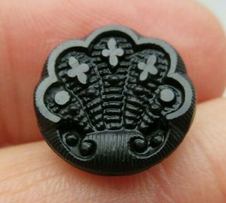 Antique Vtg Victorian Jet Black Glass Button Ornate Seashell (a)