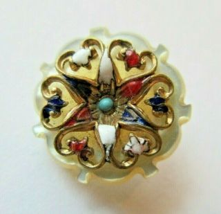 Flawless Antique Vtg Carved Mop Shell Button W/ Enameled Metal Filigree (a)