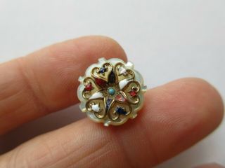Flawless Antique Vtg Carved MOP Shell BUTTON w/ Enameled Metal Filigree (A) 2