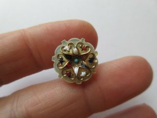 Flawless Antique Vtg Carved MOP Shell BUTTON w/ Enameled Metal Filigree (A) 3