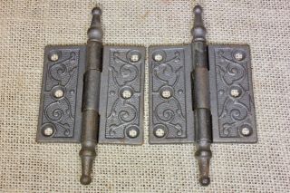 2 Cabinet Door Hinges 2 1/2 X 2 1/2 " Steeple Pins Old Vintage Iron Nos Feathers