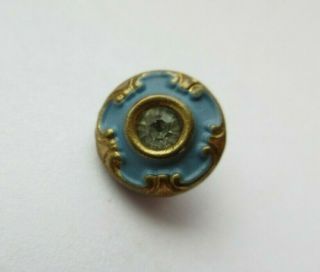 Delicate Antique Vtg Diminutive Turquoise Enamel On Metal Button W/ Paste (z)
