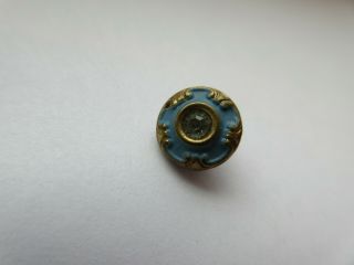 Delicate Antique Vtg Diminutive Turquoise ENAMEL on Metal BUTTON w/ Paste (Z) 2