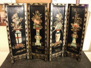 Vintage Japanese Carved Wood Hand Painted 4 Panel Table Screen - 14 " X 18.  5 "